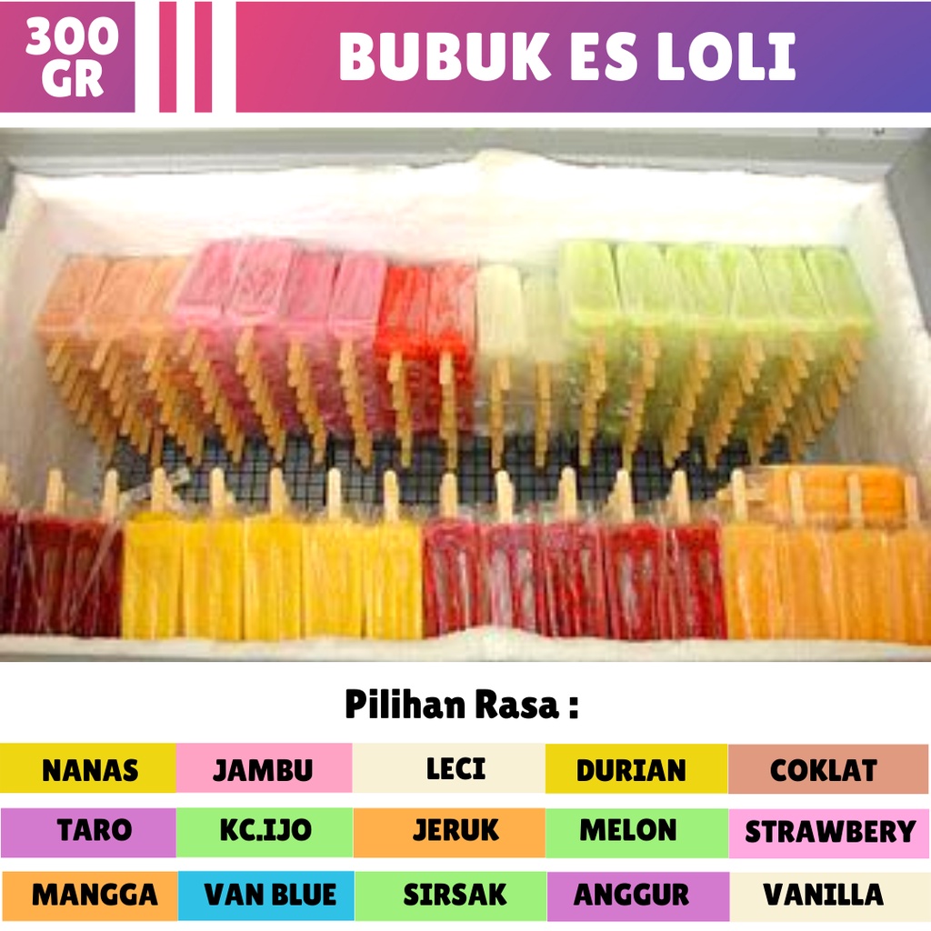 

Bubuk Eskrim Stik Bahan Membuat Es Loli untuk 350 Stik Tepung Loly Buah Premix Mambo Rasa Coklat