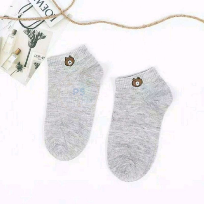 Kaos Kaki Fashion Wanita Pria  Motif Semata Kaoskaki Ankle Socks BERUANG BUNGA BEAR DAISY FLOWER PS-BEAR - ABU ABU