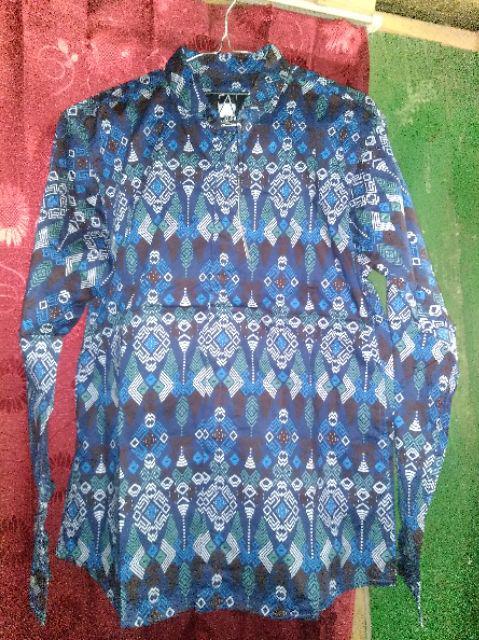 Kemeja Batik Pria Lengan Panjang Motif Songket Navy Hitam Ungu