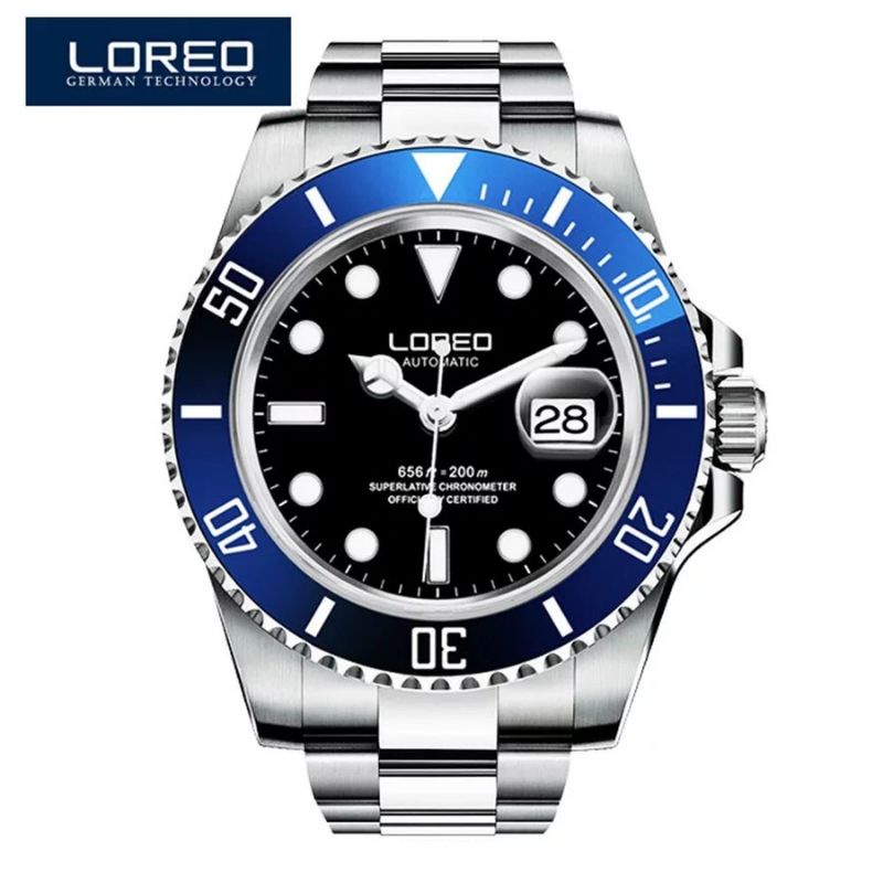 Jam Tangan Homage Rolex Submariner Smurf Loreo Automatic Tahan Air 200M Kaca Saphire