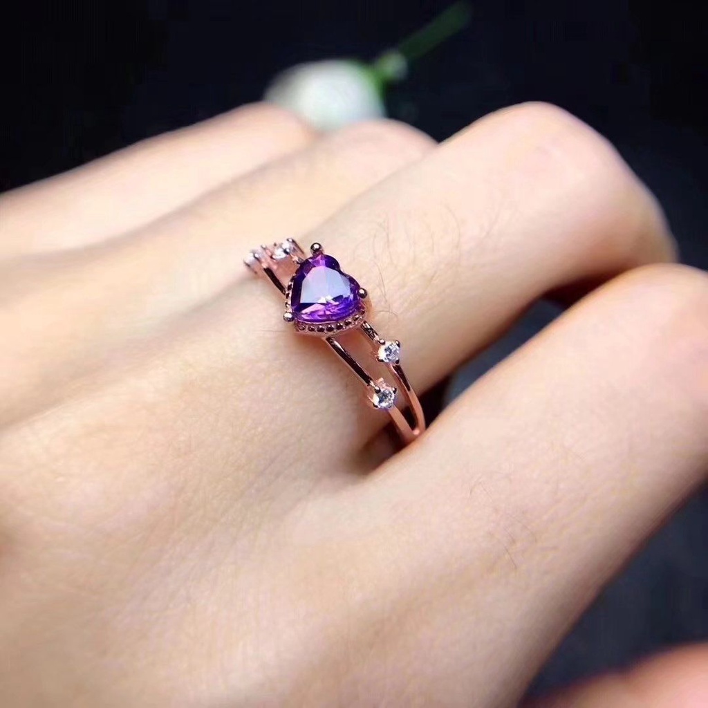 Cincin Zircon Ungu Bentuk Hati Bahan S925 Silver Untuk Wanita