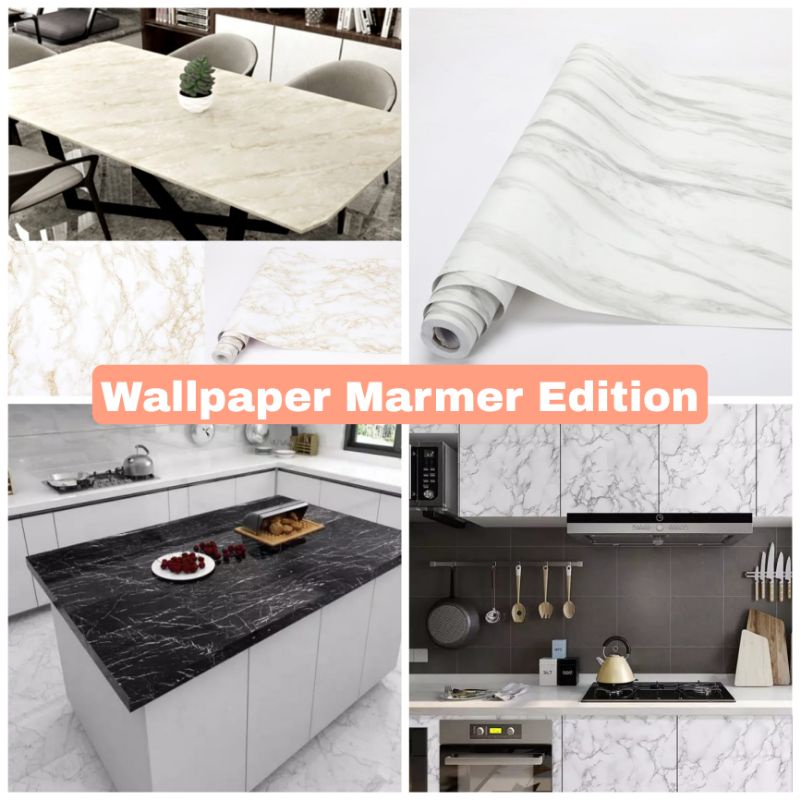 ( Tidak Glosy) Wallpaper Stiker Dinding, Meja, Lemari, Kulkas, Motif Marmer Gold, Black, Gray And Wh