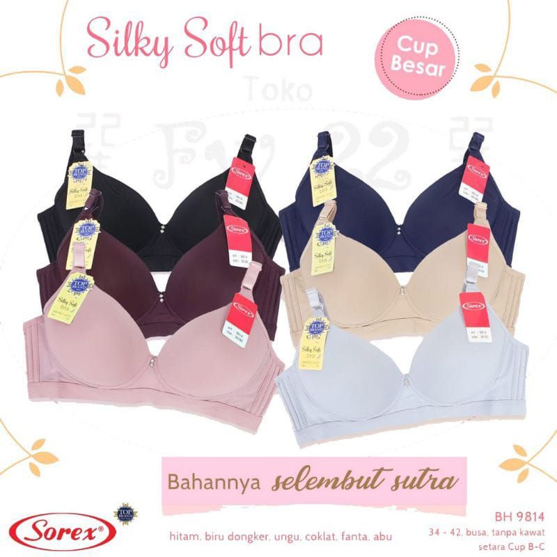 SOREX Bra Cup Besar 9814 Busa tipis tanpa Kawat Kait 3 Setara Cup B-C