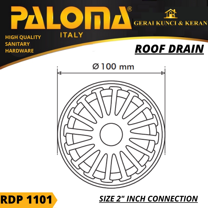 SARINGAN PEMBUANGAN TALANG AIR DAK ATAS ROOF DRAIN 2 INCH RDP 1101 PALOMA  CHROME BRASS KUNINGAN