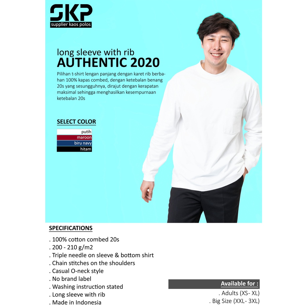 Kaos Polos Lengan Panjang Rib Manset PREMIUM 20 Combed 20s  [size : S - XXL]
