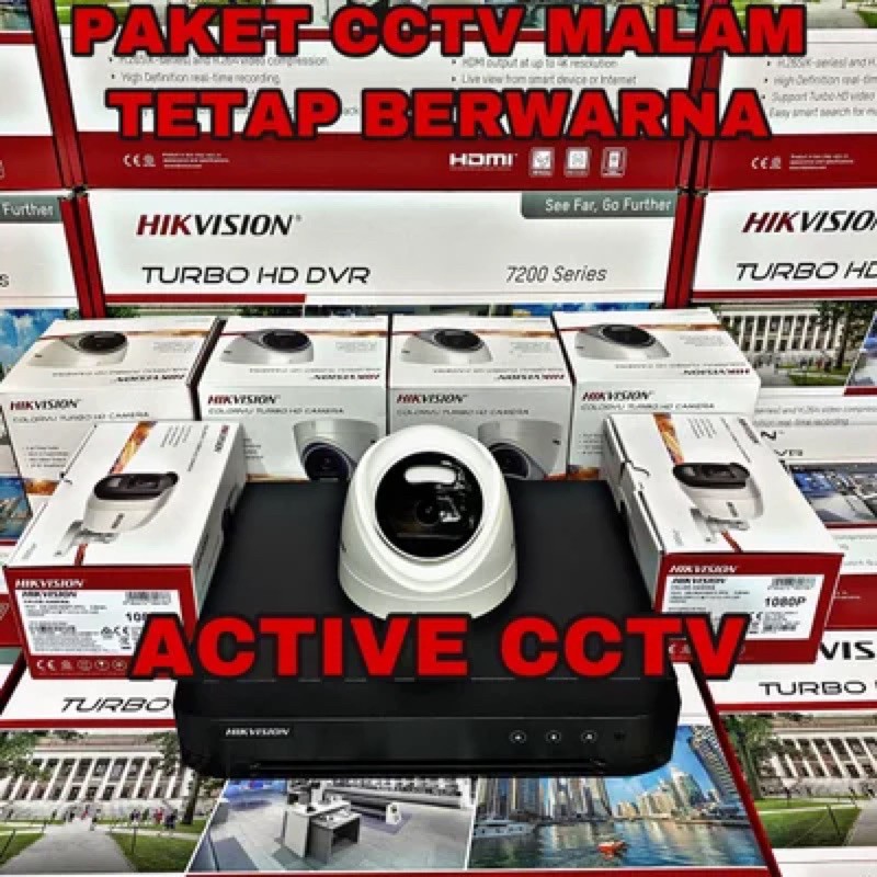 paket camera cctv 1 kamera hikvision 2mp dual light colorvu + audio 4 channel ch malam tetap berwarna colour 4ch 4chnl