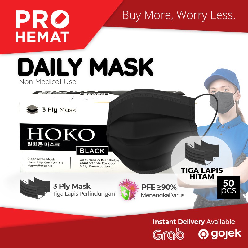 PROHEMAT ( Harga Grosir )  Masker hitam Face Mask HOKO Hitam 50s Masker Kesehatan 3ply Masker wajah 