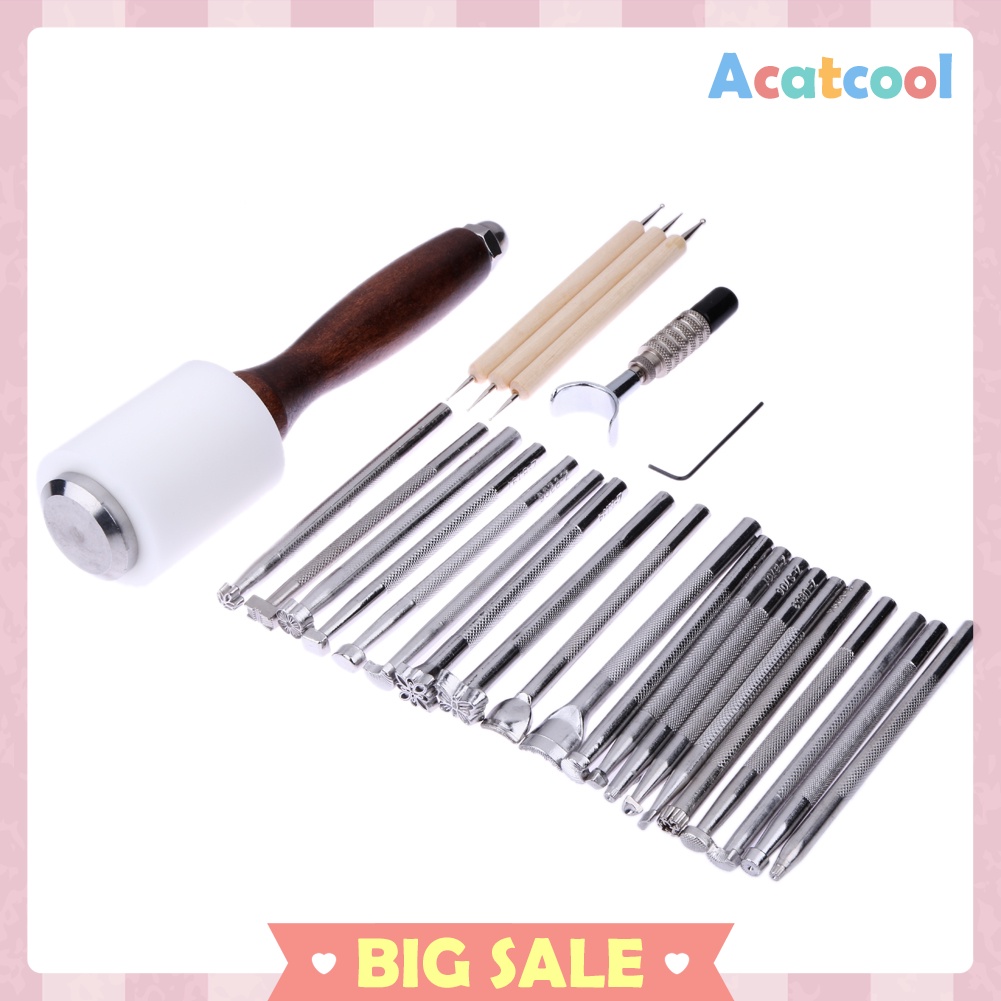 25PCS/Set Manual Leather Carving Stamp Hammer Embossing Beveler Tools Kit