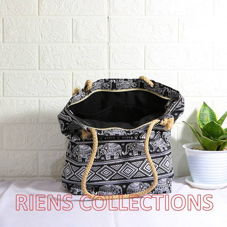 RIENS COLLECTIONS. TOTEBAG KANVAS TALI SUMBU MOTIF GAJAH LATAR HITAM. TAS JOGJA. SOUVENIR JOGJA. TAS KANVAS