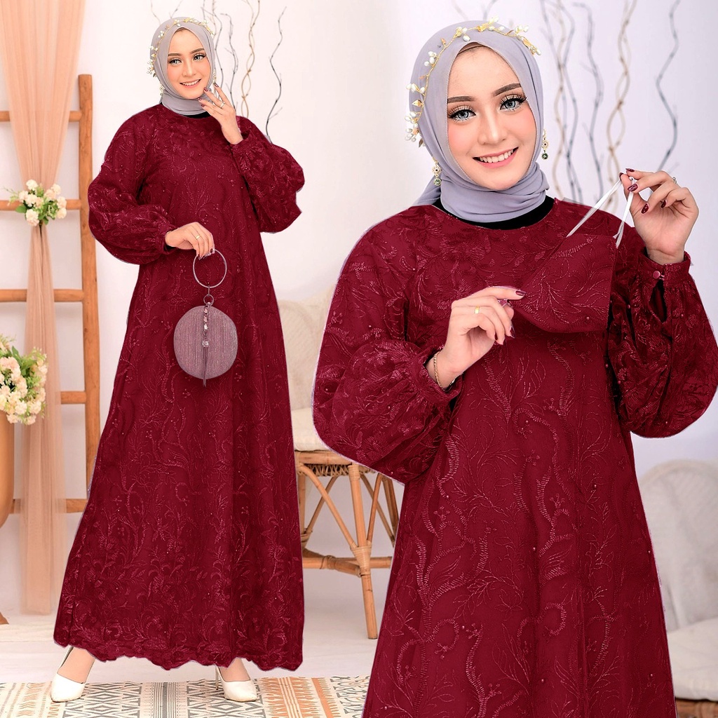 (New Free Masker Brukat) Arumi Full Brukat Tile Mutiara / Size S-M, L , XL, XXL / Gamis Pesta / Gamis Kondangan / Gamis Brokat Muslimah