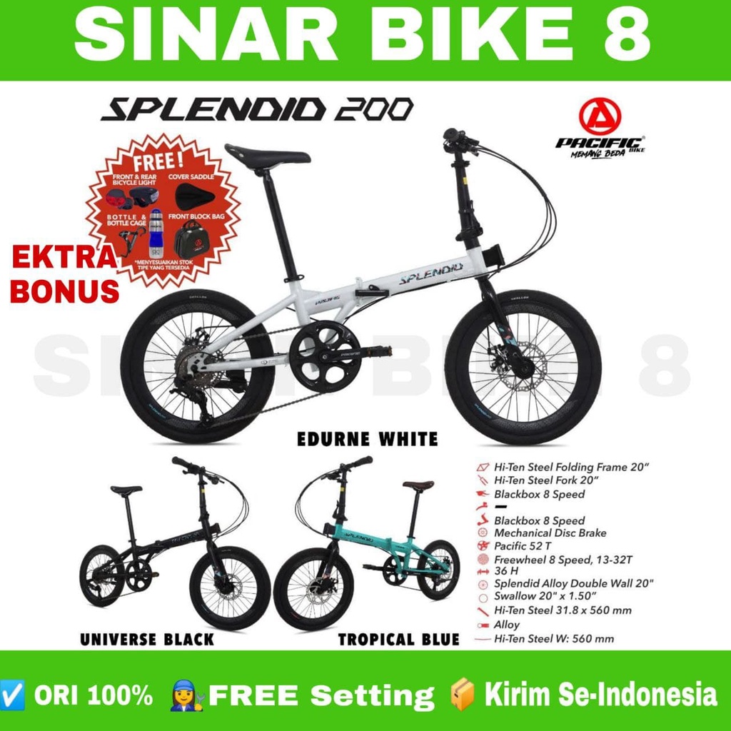 Sepeda Lipat Ukuran 20 Inch PACIFIC SPLENDID 200  Shimano 8 Speed Rem Cakram