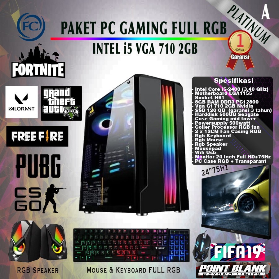 PC GAMING i5 GT730 Full Set Keyboard Mouse Speaker RGB +Monitor Gaming