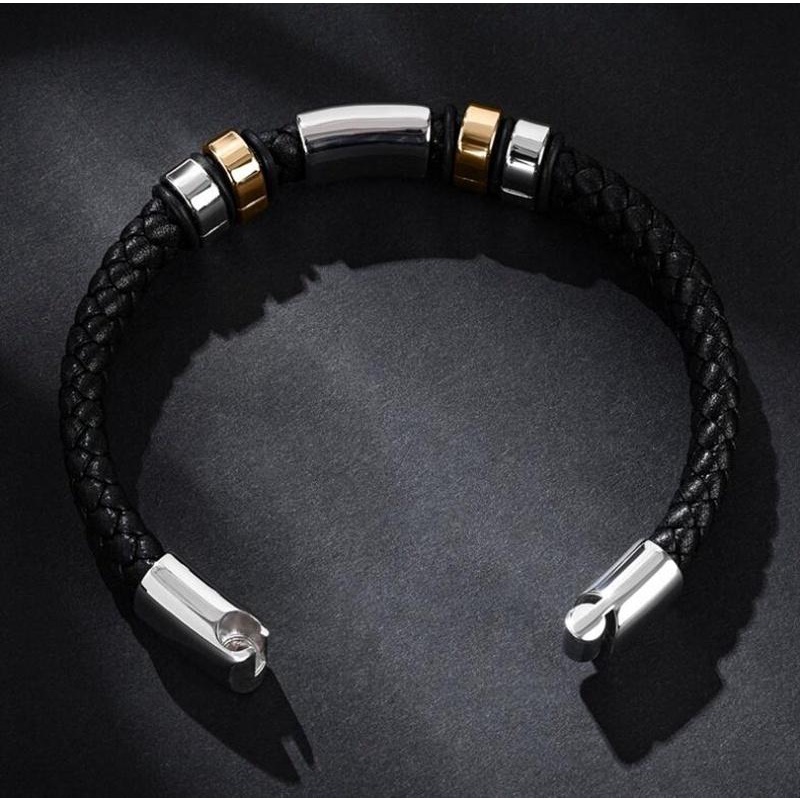 Gelang Bahan Kulit Woven Warna Hitam Dengan Gesper Metal Magnetik Untuk Pria