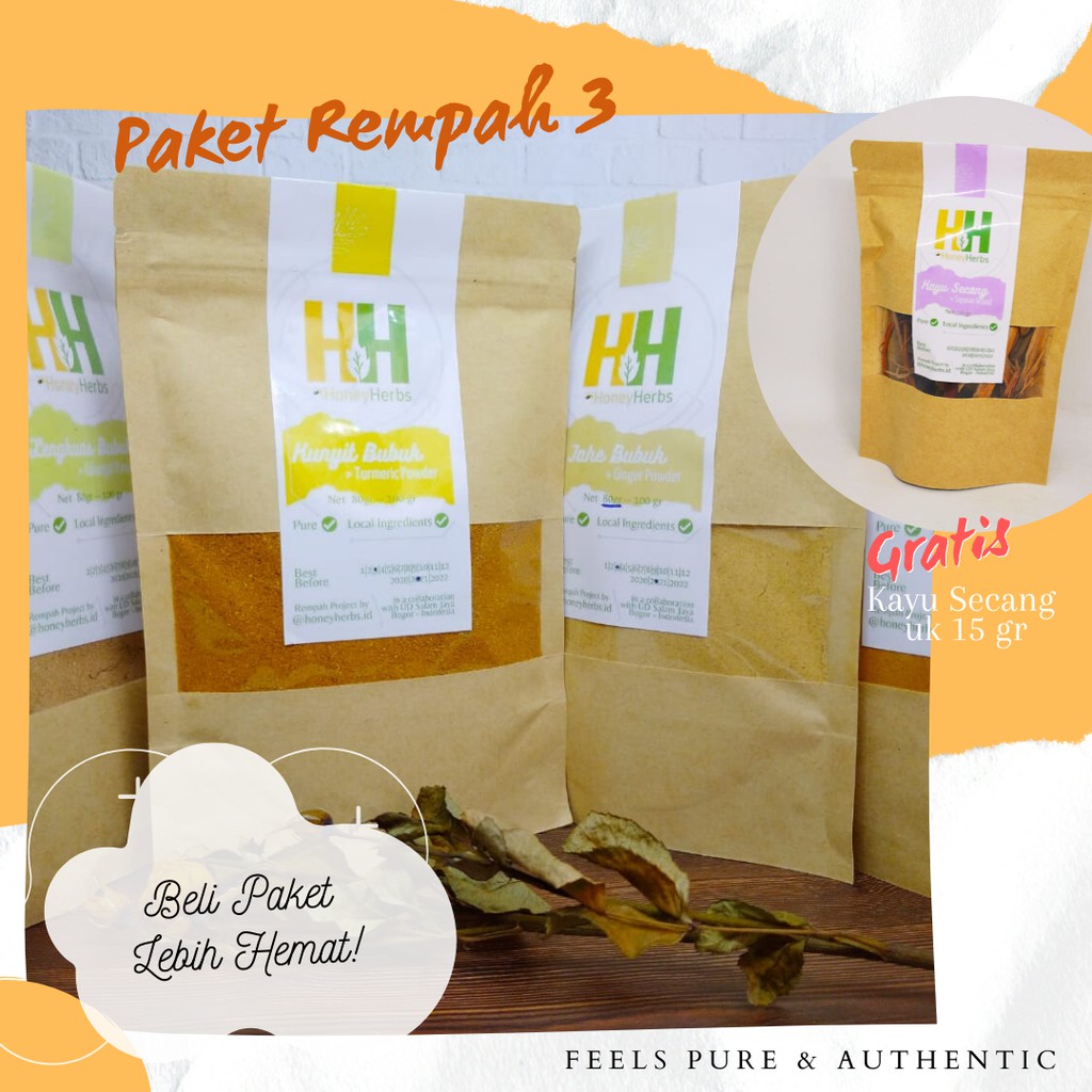

Paket Rempah 3 | Kunyit Bubuk Temulawak Bubuk Jahe Bubuk Lengkuas Bubuk | Gratis Kayu Secang