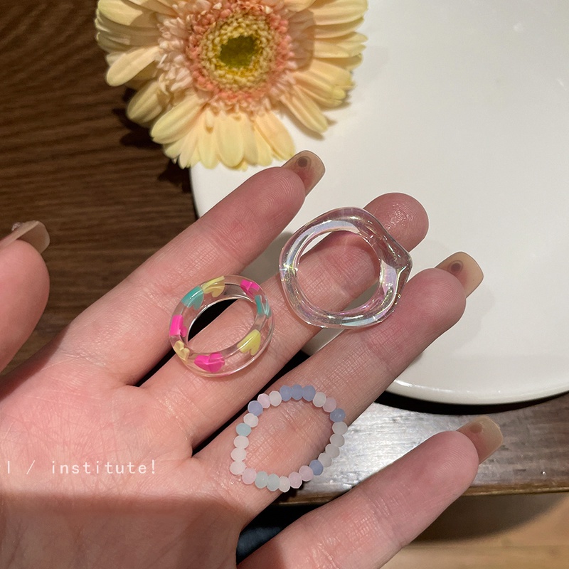 3pcs / Set Cincin Manik-Manik Hati Bahan Resin Gaya Korea Untuk Wanita