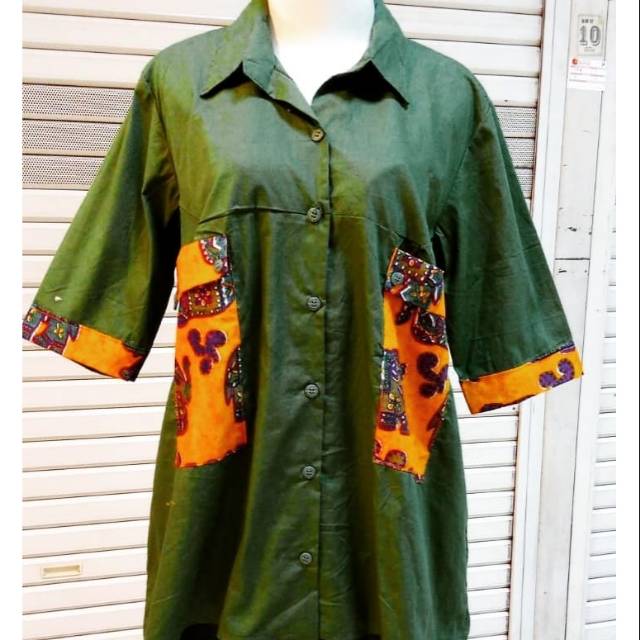 blus katun polos krah kombinasi batik jumbo