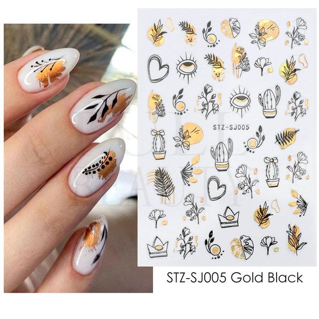 STICKER GOLD WHITE FLOWER LEOPARD NAIL STICKER / HIASAN NAILART STICKER PALING LARIS GAYA JEPANG STICKER GOLD METAL