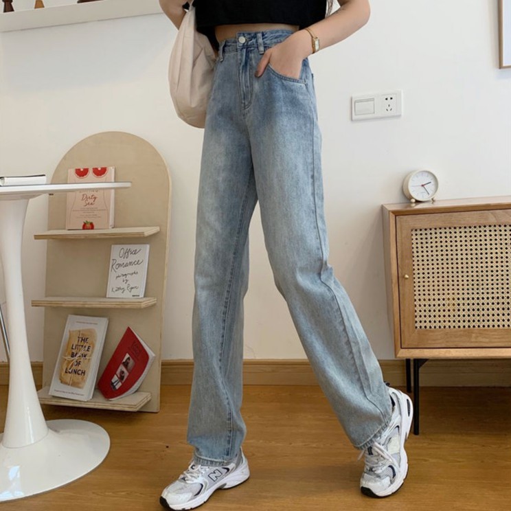 New Korean retro high-waist loose jeans straight-legged wide-legged celana panjang Wanita