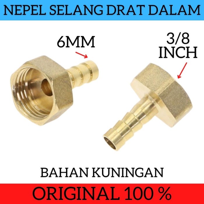 Nepel Selang Kuningan Drat Dalam 3/8 inch x 6 mm Konektor Selang Hose