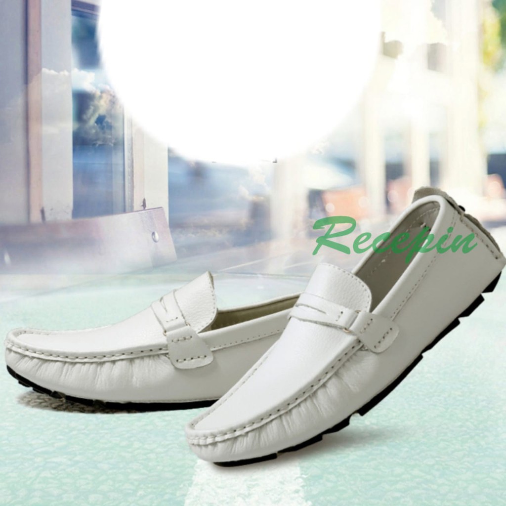 Sepatu Slop Distro Pria Murah Keren Slip on Kasual Formal Kerja RCP721 Selop Putih Cowo Kulit Asli