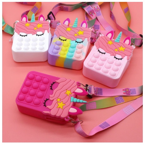 TAS POP IT GELEMBUNG SENSORY GELISAH MAINAN UNICORN RAINBOW TAS SELEMPANG