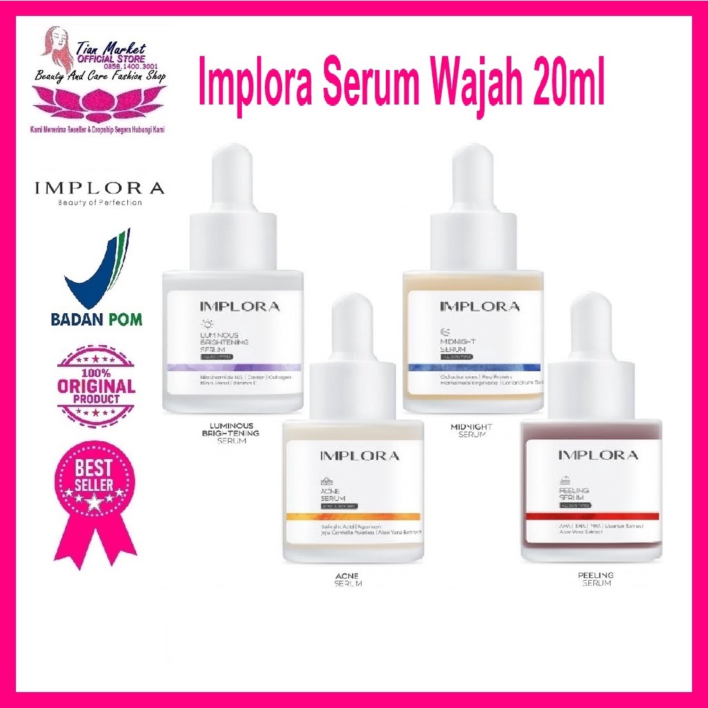 IMPLORA FACE SERUM LUMINOUS BRIGHT SERUM ACNE PEELING MIDNIGHT SERUM WAJAH IMPLORA BPOM