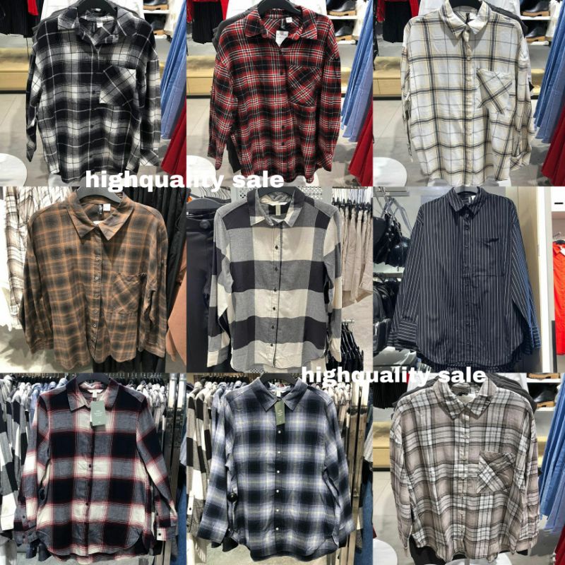 [Jastip] H&M Kemeja Motif Kotak Katun Flanel  Hitam Putih Coklat Merah Oversized Woman wanita / Orig