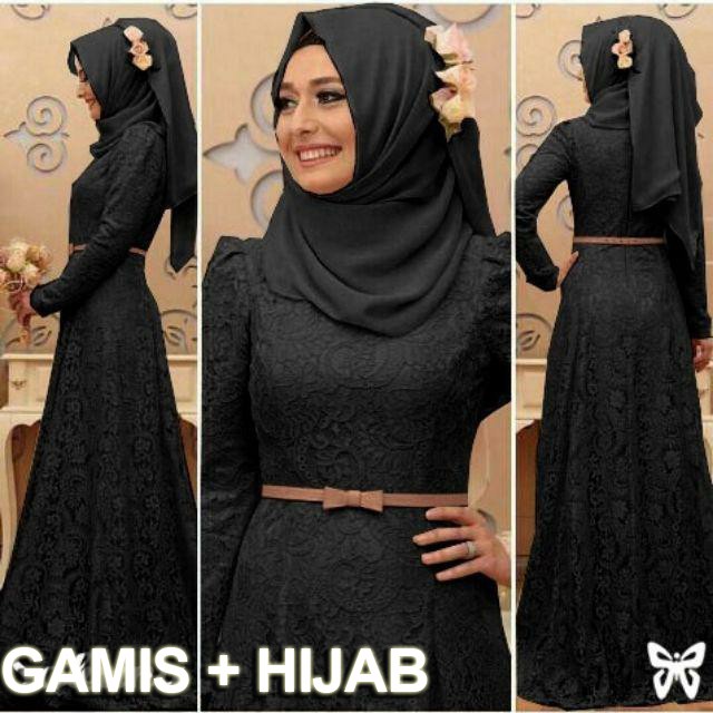 Set Gamis Syari full Brokat + Hijab baju kerja Pesta brukat Jumbo muslim wanita lebaran sabri v