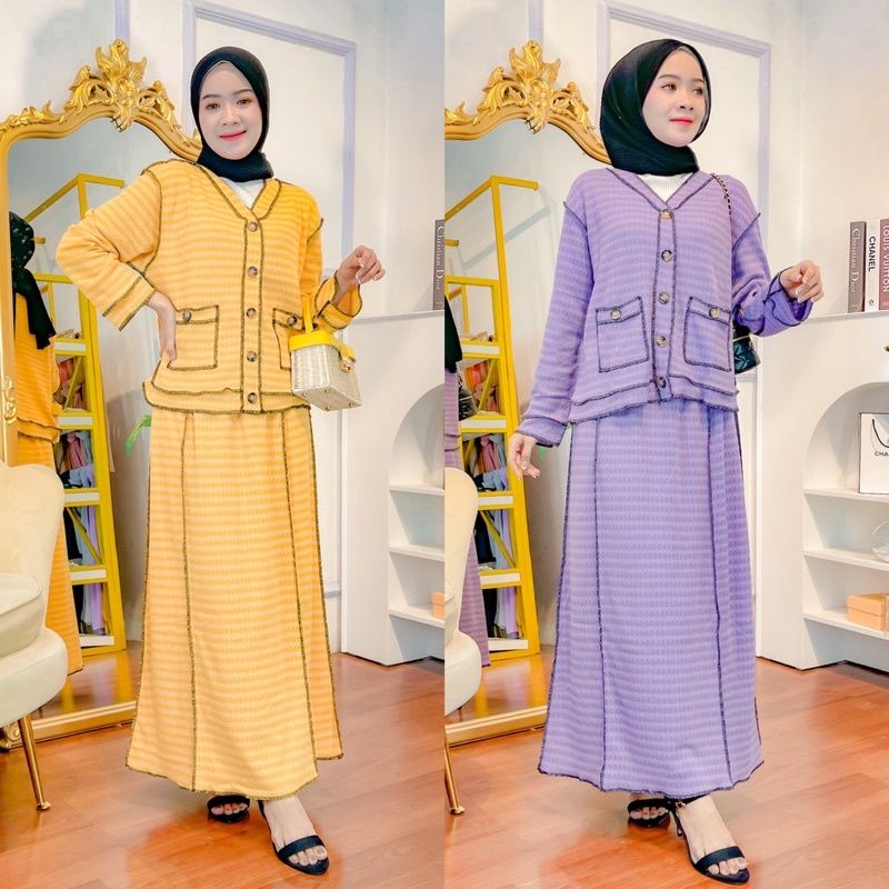 one set elsa, setelah terbalik, set import, oneset rok, setelan baju muslin, set rajut bangkok