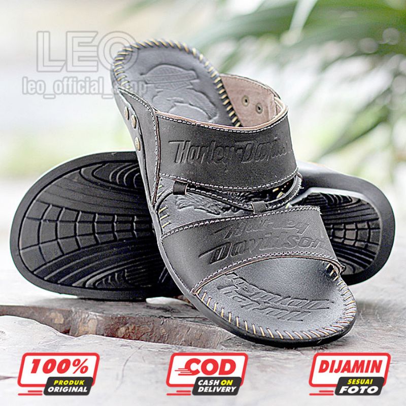 Sandal Kulit Harley Davidson Full Up Kulit Gosok Sendal Kulit Asli Pria Sandal Slop Casual / Sendal Jepit Herley Slide Hitam Coklat - SH03