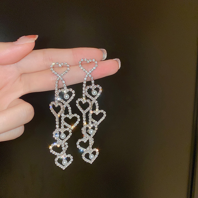 Anting Tusuk Gantung Desain Hati Hias Mutiara + Berlian Gaya Trendy / Simple Serbaguna Untuk Wanita