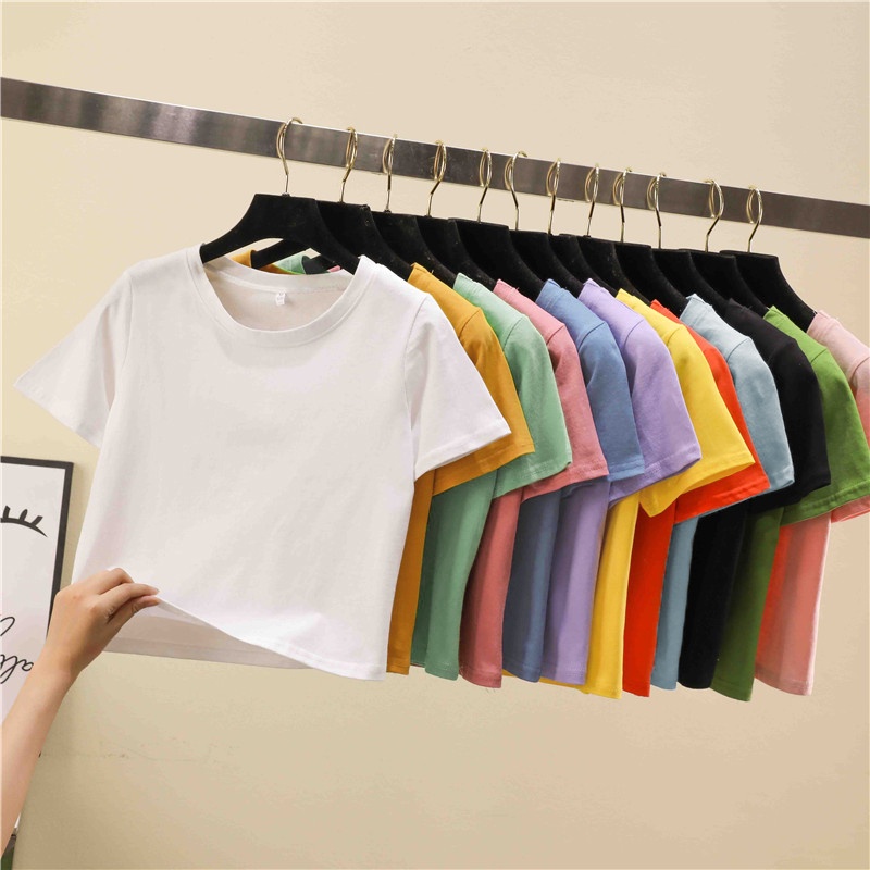 13 Warna Tanaman Top T-Shirt Wanita Solid O-Leher Lengan Pendek T-Shirt untuk Wanita Tinggi Pinggang Slim Pendek Olahraga Blanc Femme t-Shirt