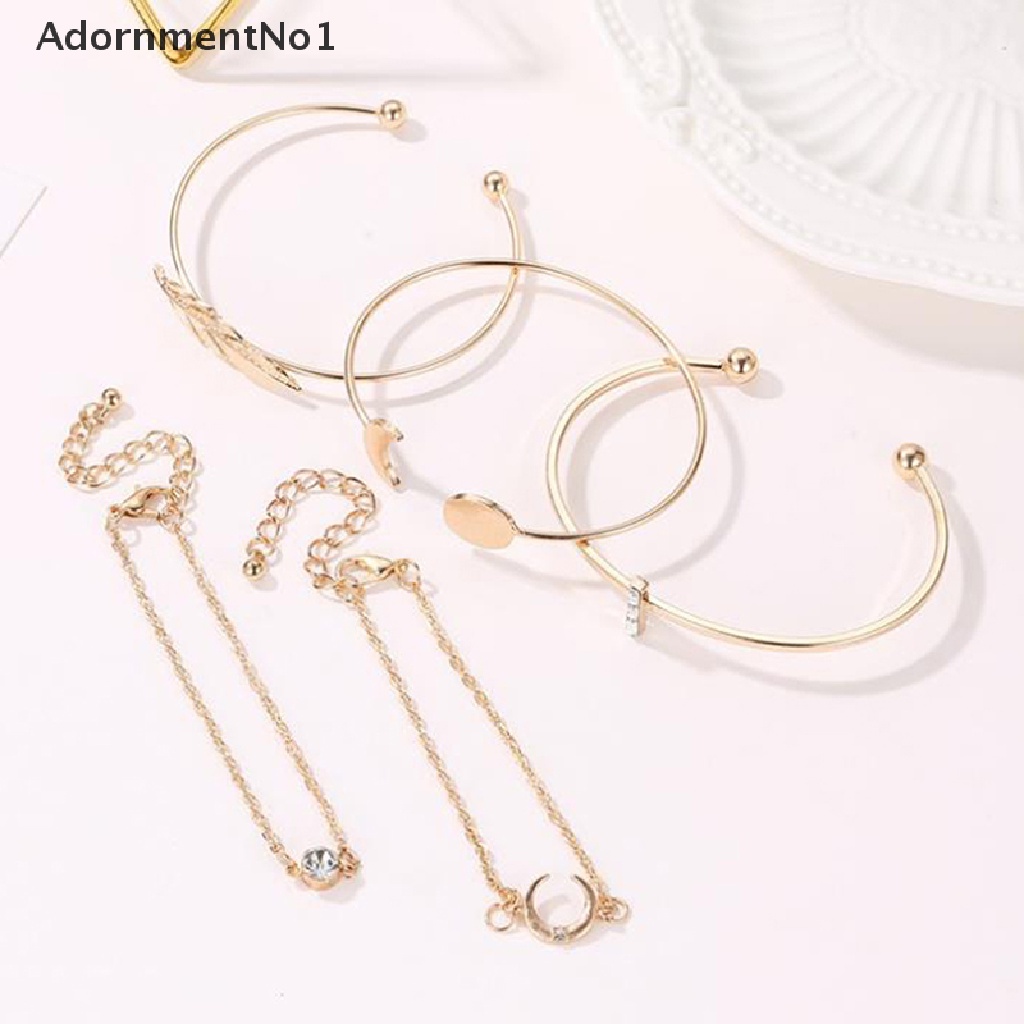 (AdornmentNo1) 5pcs / set Gelang Tangan Terbuka Gaya Bohemian Motif Daun + Bulan + Hollow Untuk Perhiasan Wanita / Pantai