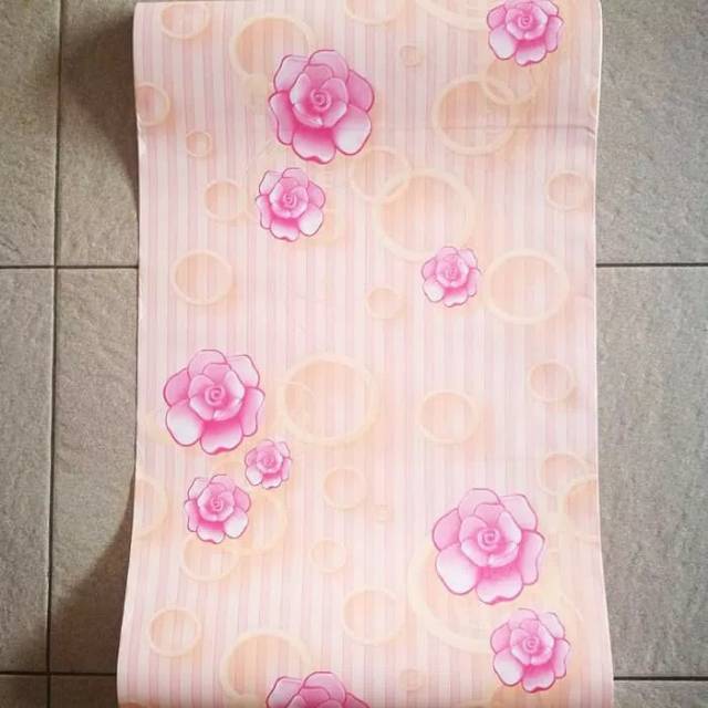 Walpaper stiker motif bunga pink cincin garis pink 10m murah