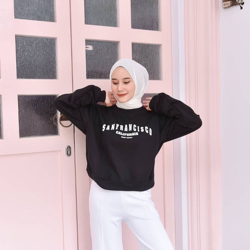 Sweater Crop Oversize Sanfransisco | Korean Style Wanita | Bahan Fleece |  Allsize