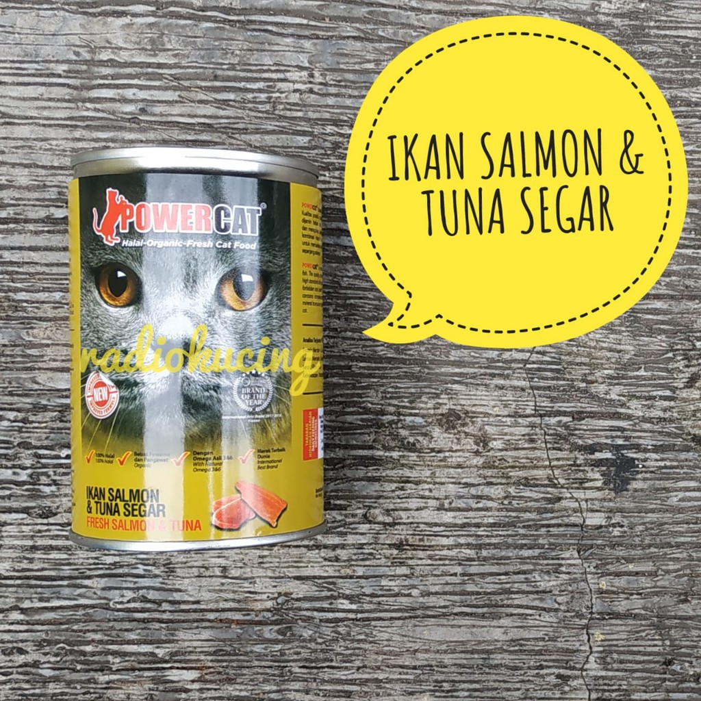 (KUNING) Power Cat IKAN SALMON & TUNA SEGAR 400 gr Kaleng Wet Food [ JUWIES RADIO KUCING ]
