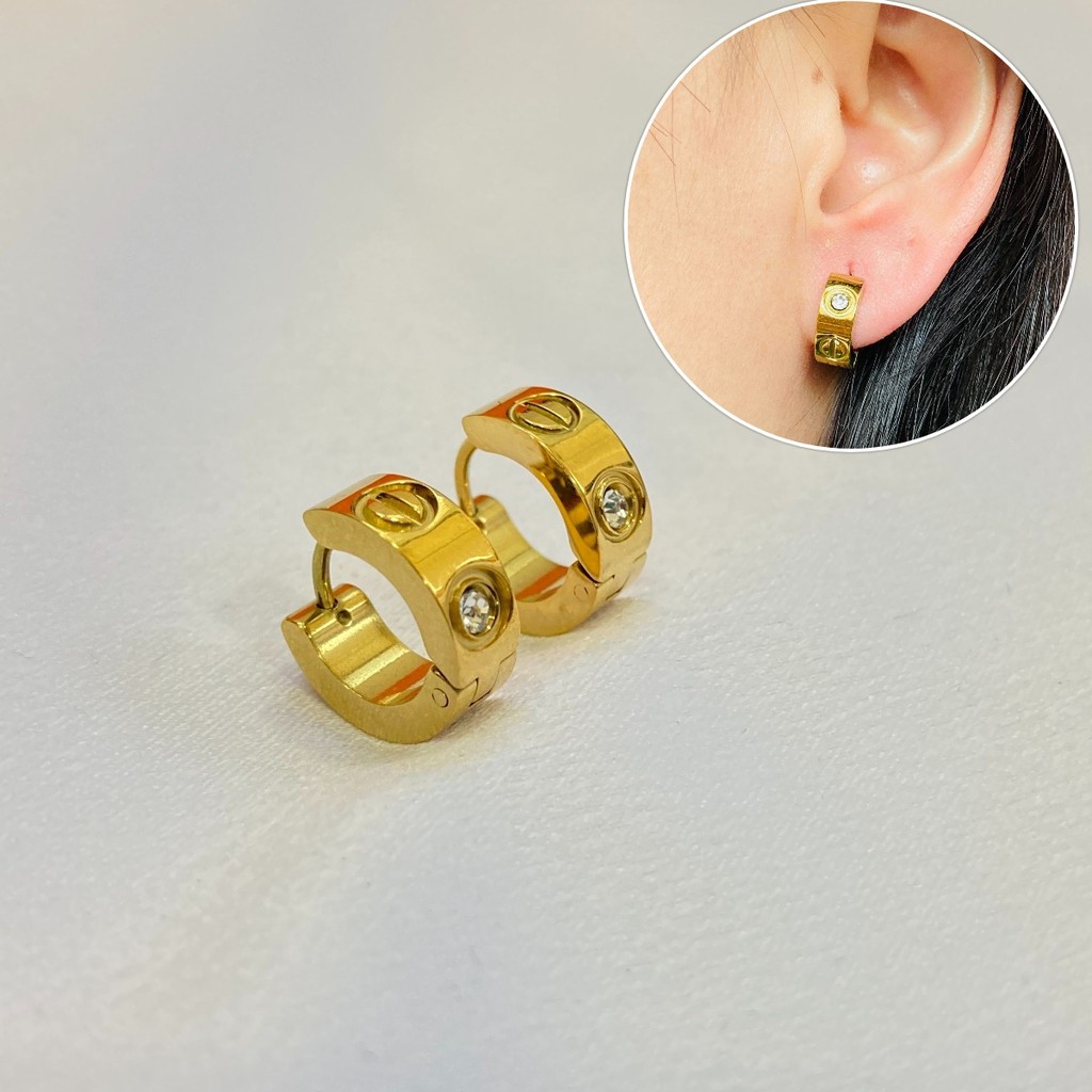 Anting Jepit Titanium Steel Permata Zircon Warna Gold