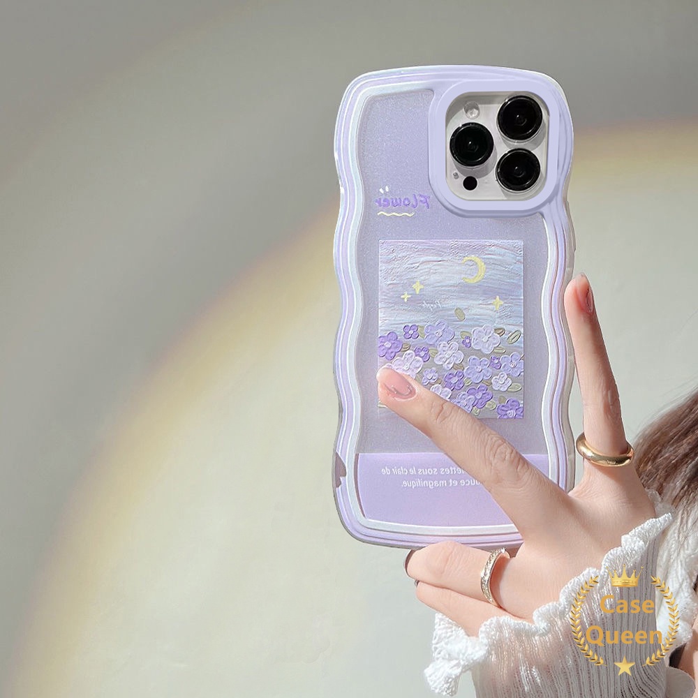 Fashion Lukisan Cat Minyak Ungu Bunga Case Oppo A17 A16 A15 A57 2022 A15s A12 A54 A7 A5s A16s A17K A53 A33 2020 A3s A11K A35 A32 A12e Wavy Edge TPU Soft Back Cover