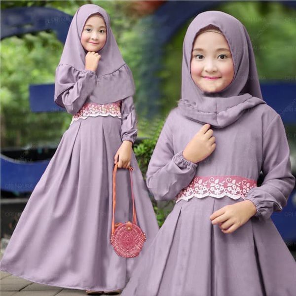 Baju Muslim Anak Syari Syahira Lavender Muda SW - Gamis Anak Wolly Crepe Ungu Muda