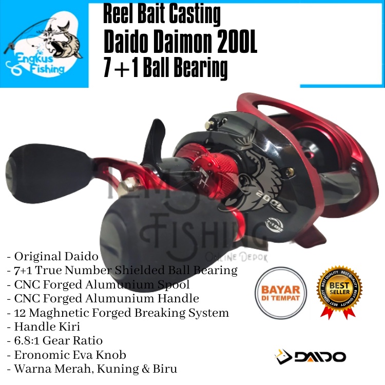 Reel Pancing BC BaitCasting Daido Daimon 200L (7+1 Bearing) 6.8:1 Handle kiri Drag 6kg Murah - Engkus Fishing