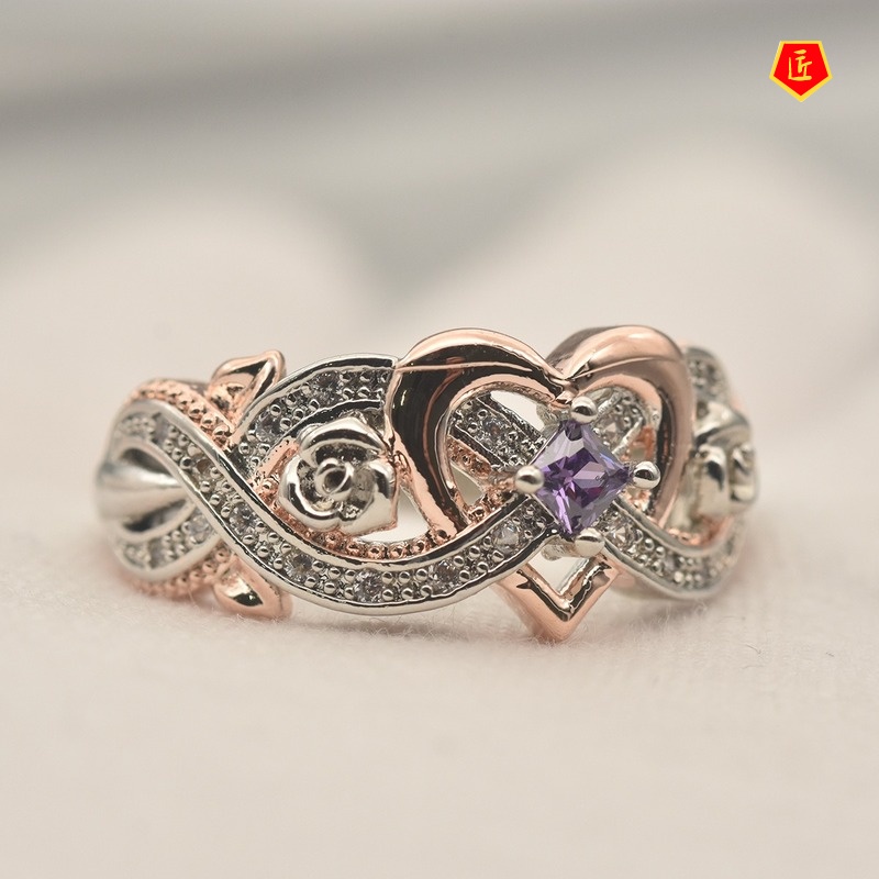 [Ready Stock]Love Heart-Shaped Rose Gold Square Diamond Ring Fashion Personality