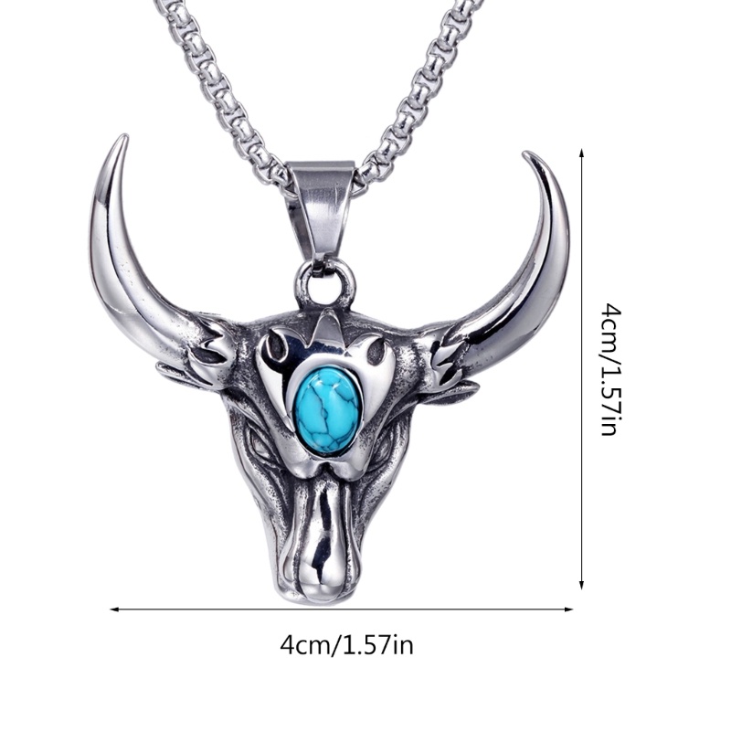 Kalung Rantai Liontin Kepala Banteng Turquoise Gaya Vintage Hip-Hop