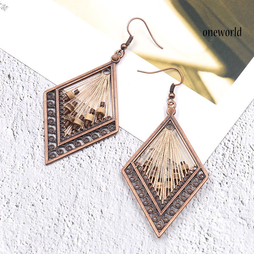 OW@ Bohemian Women Hollow Rhombus Pendant Thread Dangle Drop Hook Earrings Jewelry