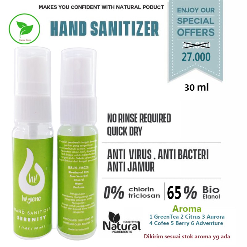 Hand Sanitizer Antiseptic Hi!giene 30ml alami cepat kering murah