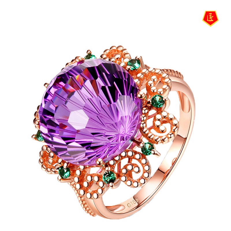 [Ready Stock]Amethyst Colored Gemstone Ring 14K Rose Gold Refined Personalized