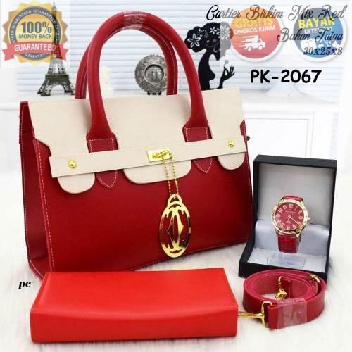 COD TAS SELEMPANG WANITA CARTIER TOTE BAG SLEMPANG SERBAGUNA MERAH MAROON PAKET FREE DOMPET JAM TANG