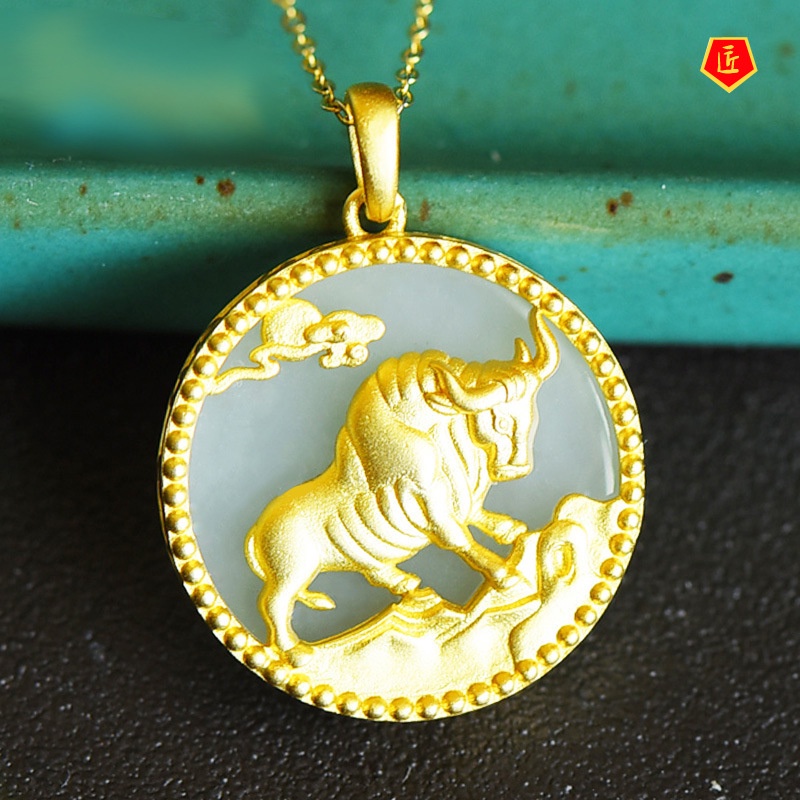 [Ready Stock]Hetian White Jade Gold Inlaid with Jade Chinese Zodiac Cow Pendant Elegant