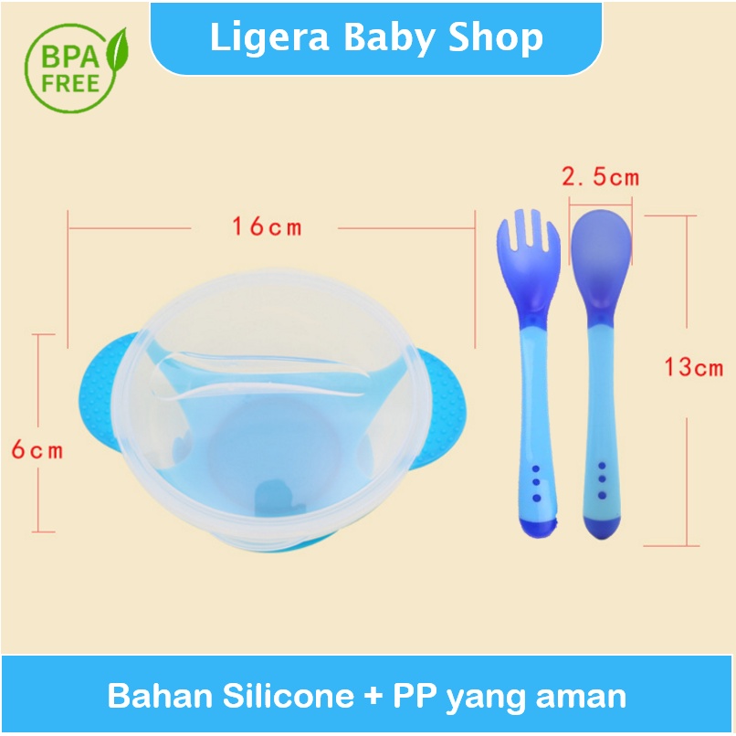 LIGERA Mangkok Anti Tumpah / Sendok Silikon Sensor Temperatur Suhu Panas / Garpu / Alat Makan Bayi