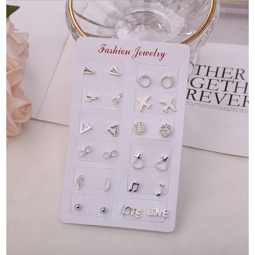 12 Pasang Anting Tindik #04 SILVER Tusuk Set Korea Fashion Stud Earrings Gaya Korea Fashion Korean