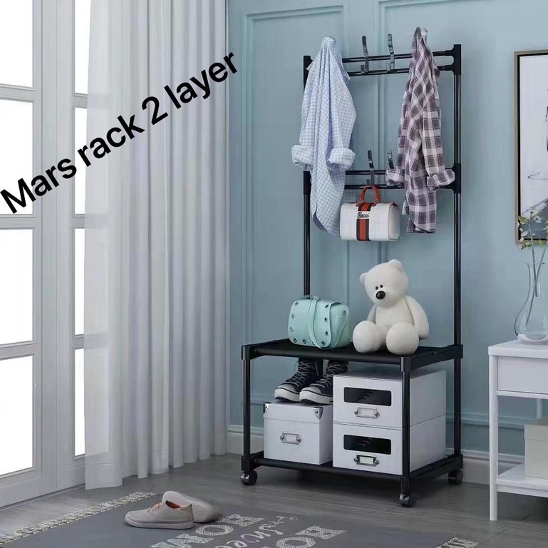 MARS RACK - STAND HANGER SINGLE DENGAN 2 LAYER - RAK GANTUNGAN SERBAGUNA PAKAI RODA - RAK GANTUNG TAS TOPI BAJU HEMAT TEMPAT